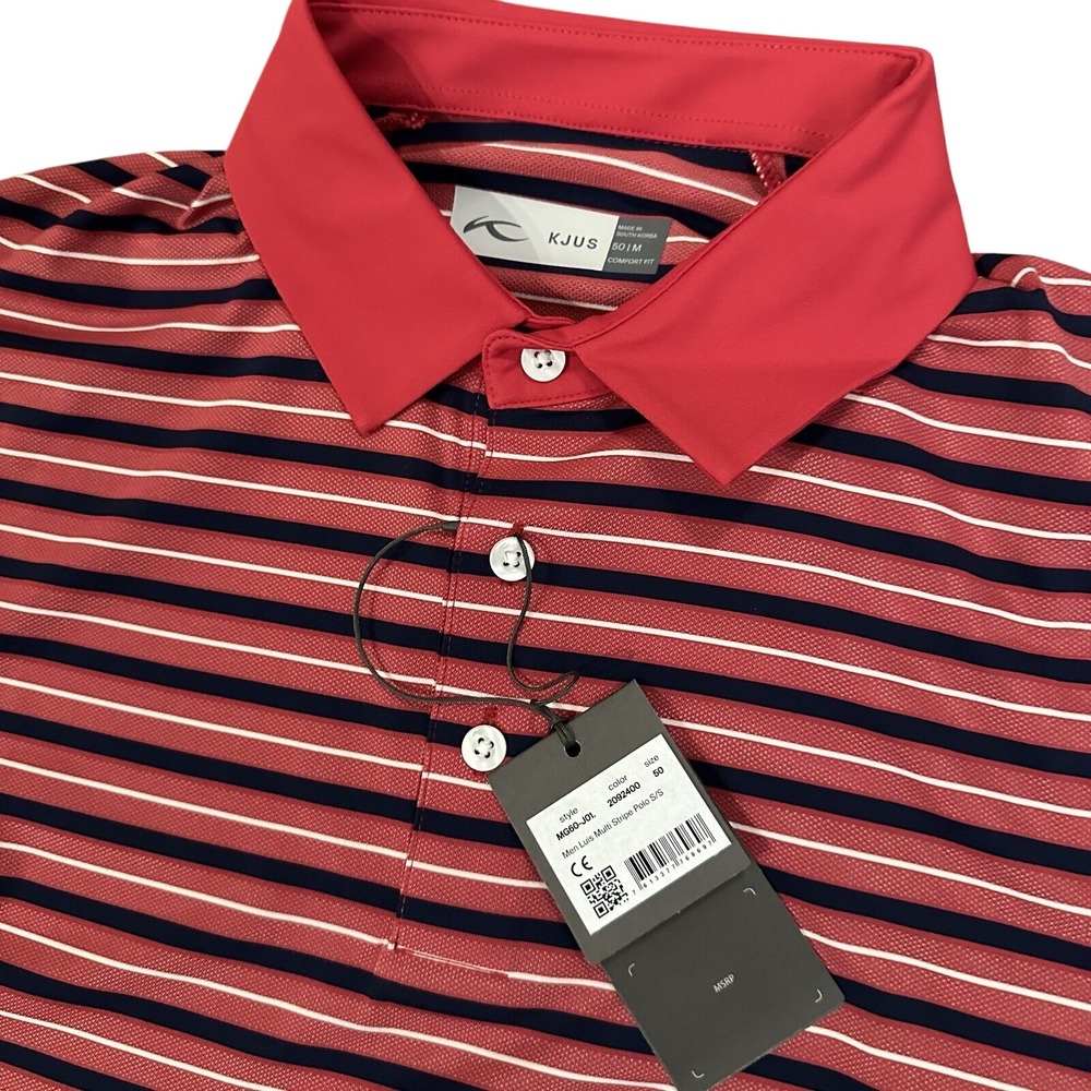 KJUS Polo‎ Shirt Men 50 M Red Multi Stripe Luis Short Sleeve Golf MG60-J01
